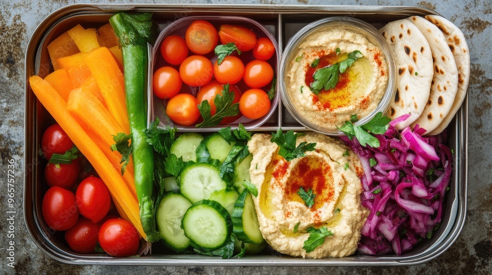 Vegan lunch box with raw vegetables, hummus, and pita bread, promoting plant-based diets, healthy food, lunch box Vegan lunch box with raw vegetables, hummus, and pita bread, promoting plant-based diets, healthy food, lunch box