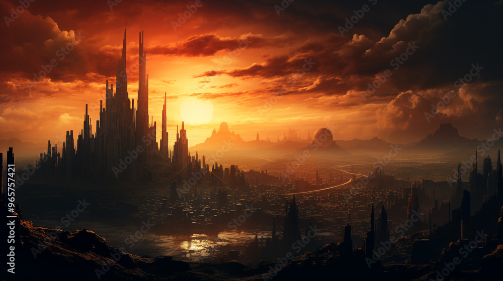 Naklejka premium city at sunset over a body of water