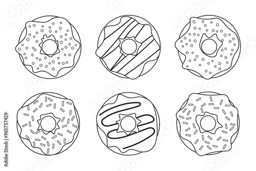 Set of contour donuts with different types of glaze and decor, linear style.