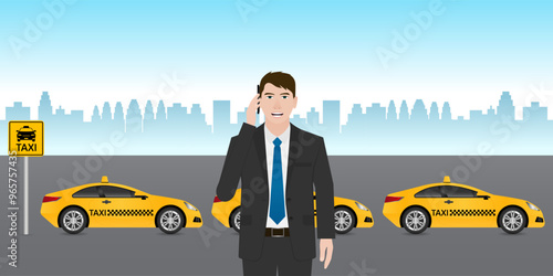 Taxi Service. Man Using Smartphone to Call Taxi. Vector Illustration.