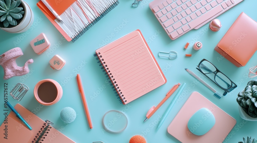 Feminine home office desk with pink notebook and keyboard Feminine home office desk with pink notebook and keyboard