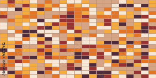 A seamless rectangular tile pattern with a warm palette of orange, yellow, brown and cream shades.