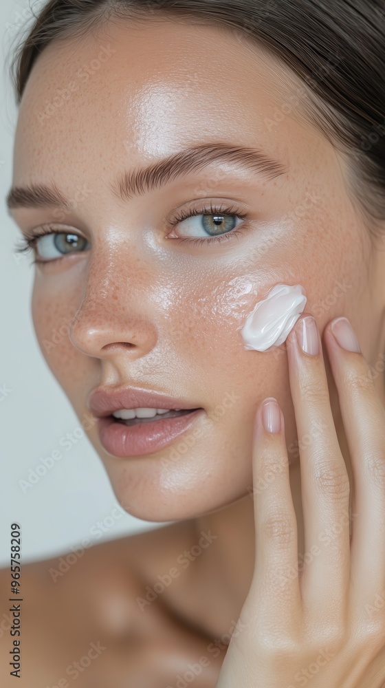Young woman applying skincare cream on her face in a bright indoor setting during daylight hours Young woman applying skincare cream on her face in a bright indoor setting during daylight hours
