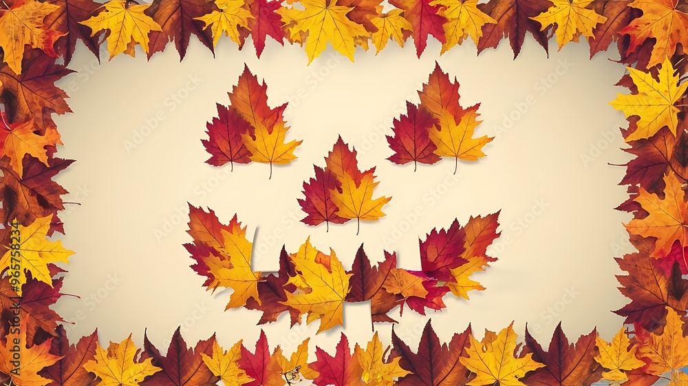 Autumn leaves frame a smiling face, red and yellow, cheerful fall greeting card.
Autumn leaves frame a smiling face, red and yellow, cheerful fall greeting card.