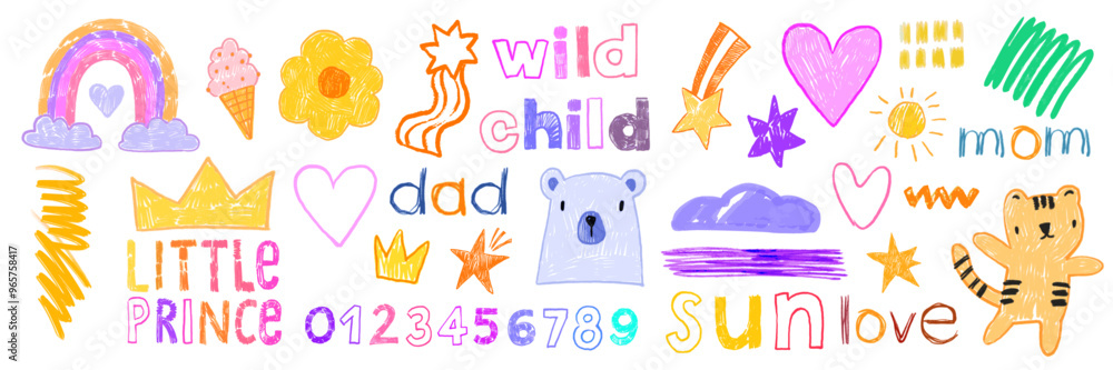 Abstract kids doodle set, vector hand drawn childish naive nursery poster, colorful pencil scribble. Baby cartoon naive illustration, brushstroke rainbow, star, numbers. Kids doodle decorative sticker