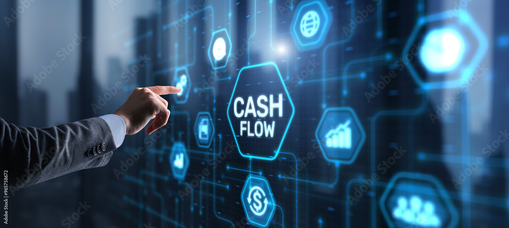 Cash flow button on virtual screen. Businessman drawing Cash Flow concept Cash flow button on virtual screen. Businessman drawing Cash Flow concept