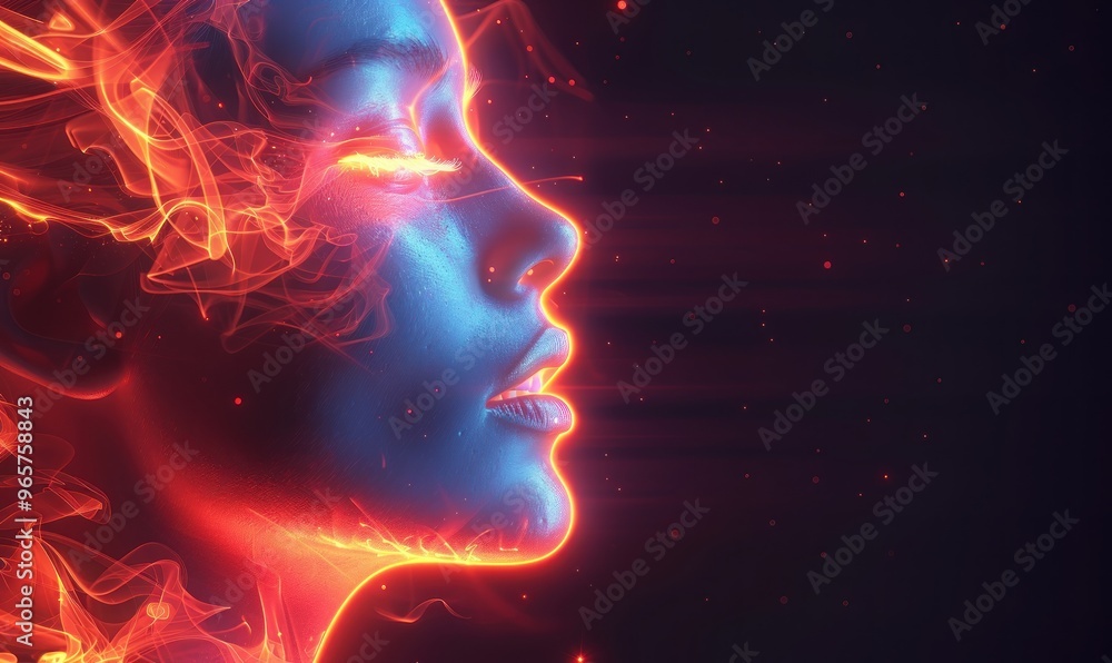 Abstract woman face with neon lights and dots around, banner with copy space Abstract woman face with neon lights and dots around, banner with copy space