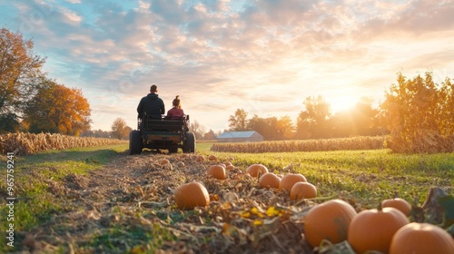 A family enjoying a spooky hayride through a pumpkin farm on Halloween. photo