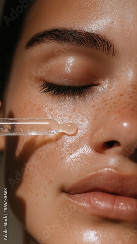 A woman applying facial oil serum with a dropper during a skincare routine at home