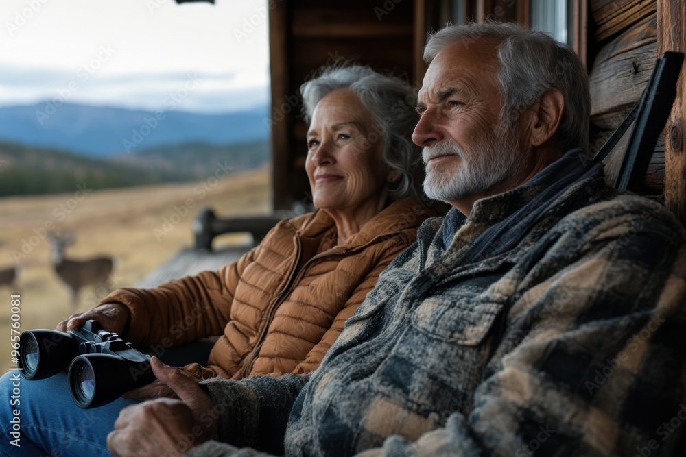 An older couple on a log cabin porch with binoculars, gazing into the distance beyond a grassy field, capturing a serene and contemplative moment amidst nature. An older couple on a log cabin porch with binoculars, gazing into the distance beyond a grassy field, capturing a serene and contemplative moment amidst nature.