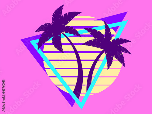 80s retro sci-fi palm trees on a sunset. Retro futuristic sun with palm trees in a triangular frame. Synthwave style. Design for advertising brochures, banners and posters. Vector illustration