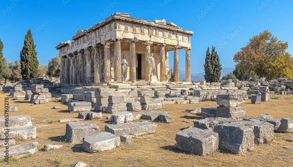 Fototapeta premium Ancient Greek Temple Ruins, Majestic architectural marvel of a bygone era under blue sky