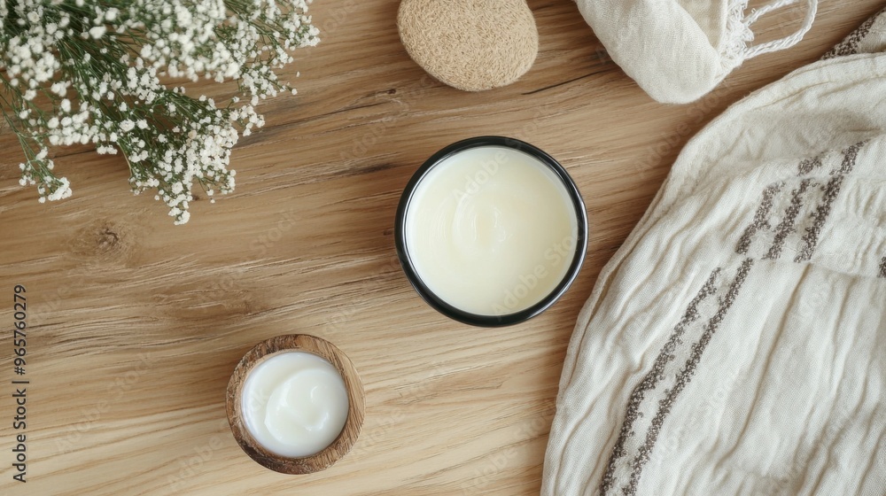 Top view photo for advertising use of cream, body lotion, cream-based products, packaged in jars, containing natural ingredients and decorated around with natural ingredients and flowers. Top view photo for advertising use of cream, body lotion, cream-based products, packaged in jars, containing natural ingredients and decorated around with natural ingredients and flowers.