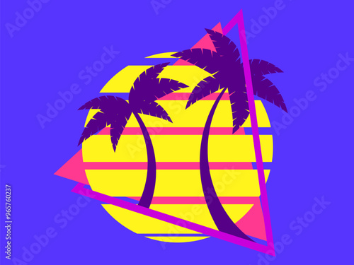 Palm trees at sunset retro sun in 80s style. Retro futuristic silhouettes of palm trees against the sun in a triangular frame. Synthwave style. Design for banners and posters. Vector illustration