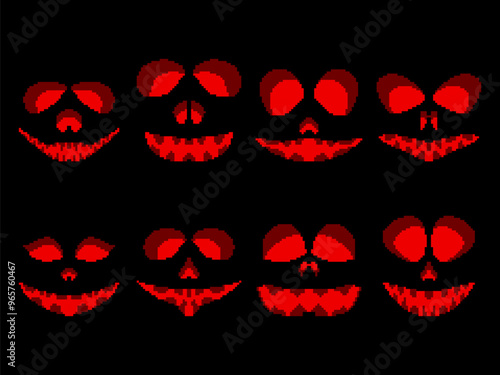 Halloween scary face icons set in pixel art style. Pixel scary pumpkin face in 8-bit retro graphic style of 80s and 90s games. Design for games, apps, banners and posters. Vector illustration