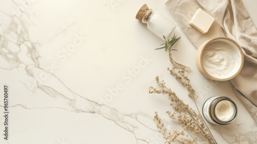 Top view photo for advertising use of cream, body lotion, cream-based products, packaged in jars, containing natural ingredients and decorated around with natural ingredients and flowers.