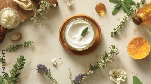 Wallpaper Mural Top view photo for advertising use of cream, body lotion, cream-based products, packaged in jars, containing natural ingredients and decorated around with natural ingredients and flowers. Torontodigital.ca