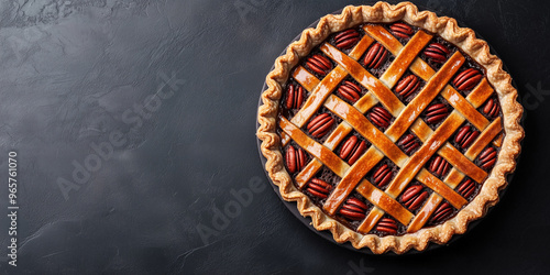 Pecan pie with a lattice top, filled with whole pecans in a thick, sticky mixture photo