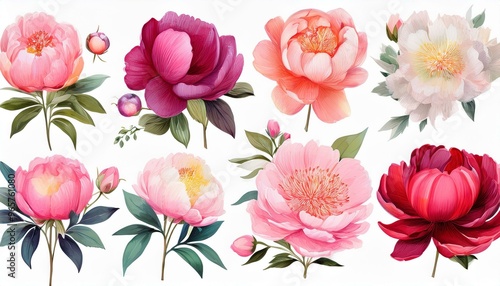 Clipart collection of watercolor peonies, blooming in passionate hues, each petal a testament to loves soft and enduring nature for Valentines Day