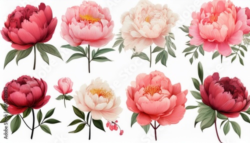 Clipart collection of watercolor peonies, blooming in passionate hues, each petal a testament to loves soft and enduring nature for Valentines Day