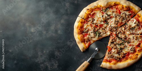 Pizza being sliced with a round pizza cutter on a flat surface photo