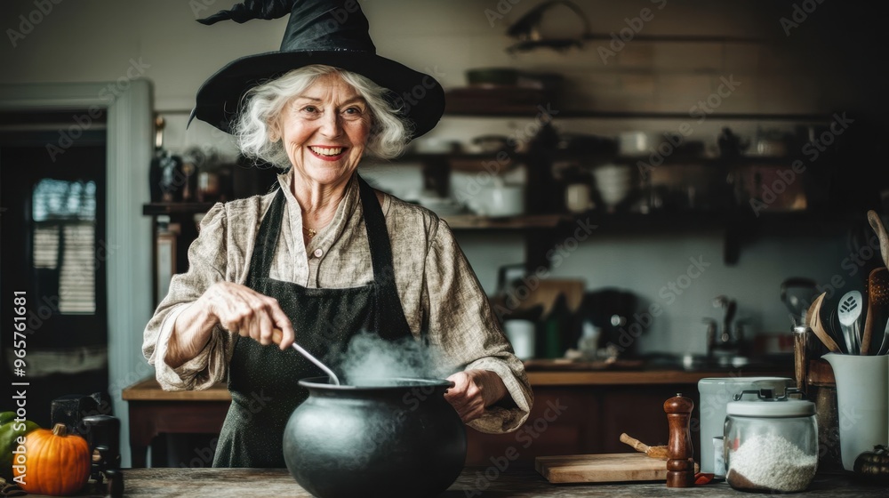Joyful Elderly Witch Brewing Potion in Rustic Kitchen Joyful Elderly Witch Brewing Potion in Rustic Kitchen