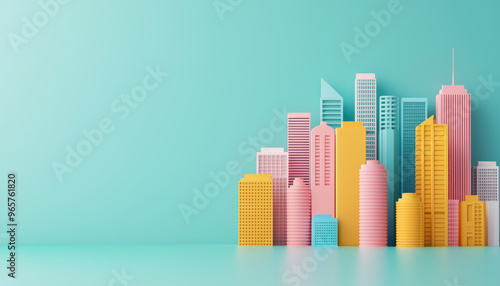 Colorful cityscape illustration with modern skyscrapers on a light blue background, showcasing urban architecture and contemporary design.