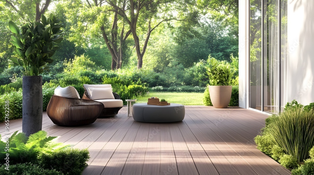 Beautifully designed modern terrace with a sleek wooden deck and sculptural outdoor furniture creating a serene and inviting atmosphere for relaxation and entertainment Beautifully designed modern terrace with a sleek wooden deck and sculptural outdoor furniture creating a serene and inviting atmosphere for relaxation and entertainment
