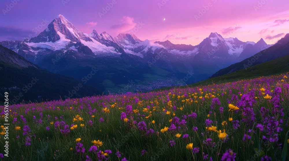 Mountain Landscape at Sunset with Wildflowers and Reflections Mountain Landscape at Sunset with Wildflowers and Reflections