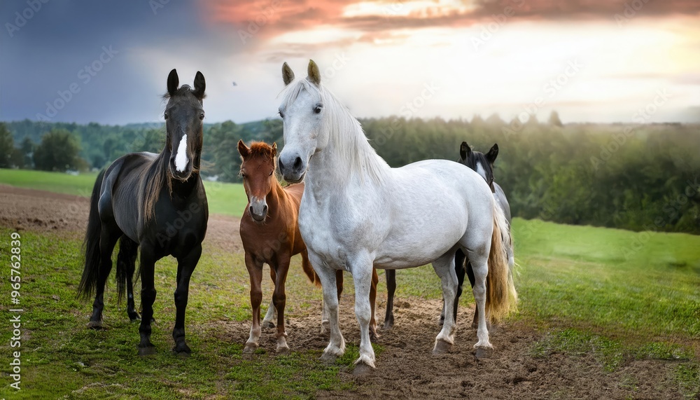 Fototapeta premium striking scene of a white horse standing prominently in the foreground, surrounded by a group of black horses. The background is shrouded in mist, creating a dramatic atmosphere.