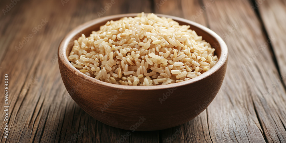 Cooked brown rice served in a round ceramic bowl on a wooden table Cooked brown rice served in a round ceramic bowl on a wooden table