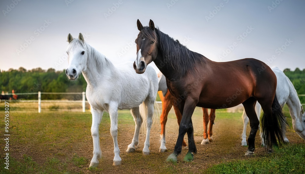 striking scene of a white horse standing prominently in the foreground, surrounded by a group of black horses. The background is shrouded in mist, creating a dramatic atmosphere. striking scene of a white horse standing prominently in the foreground, surrounded by a group of black horses. The background is shrouded in mist, creating a dramatic atmosphere.