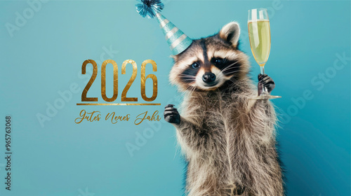 Frohes neues Jahr, Silvester, Neujahr, Grußkarte mit deutschem Text, goldene Jahreszahl 2026, Dachs Tier mit Champagne oder Weinglas und Party Hut auf blauen Hintergrund