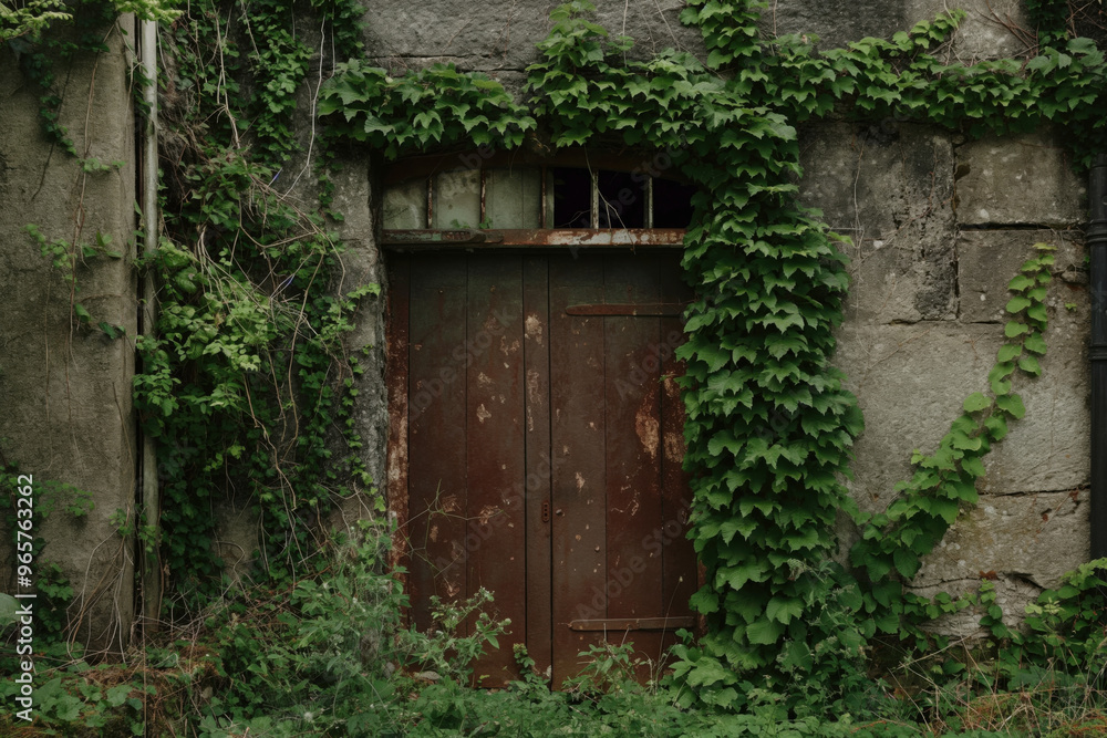 Old wooden door on a weathered facade of an abandoned building, reclaimed by nature with green foliage and ivy, telling a story of forgotten history in the rural countryside Old wooden door on a weathered facade of an abandoned building, reclaimed by nature with green foliage and ivy, telling a story of forgotten history in the rural countryside