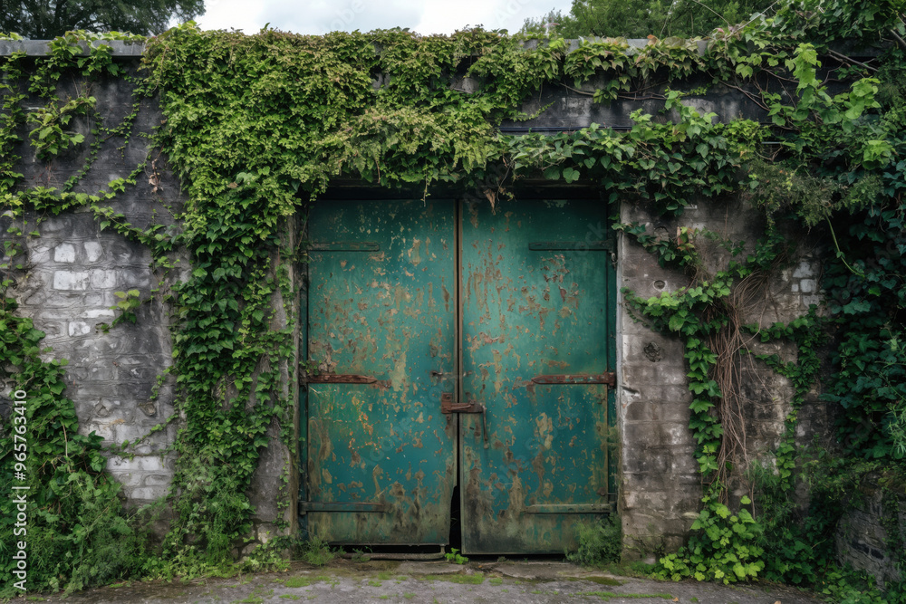 Old weathered green metal door on a brick wall being taken over by vines and nature Old weathered green metal door on a brick wall being taken over by vines and nature