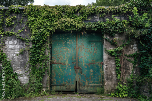 Old weathered green metal door on a brick wall being taken over by vines and nature photo