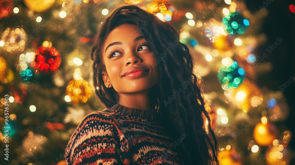 Festive Woman in Braided Hair and Patterned Sweater by Colorful Christmas Tree Festive Woman in Braided Hair and Patterned Sweater by Colorful Christmas Tree