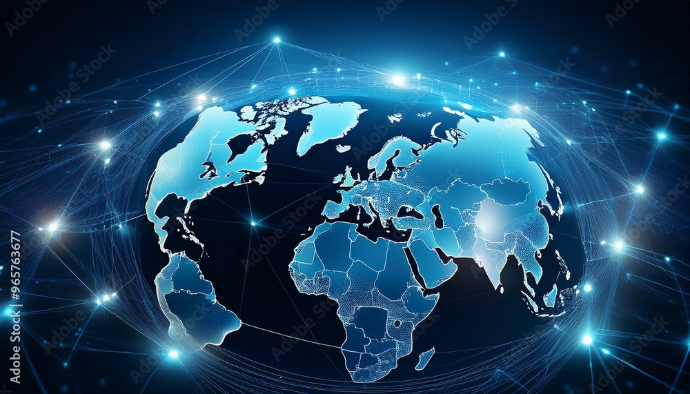 Global network concept with continents linked by lines, ambient blue light, representing a worldwide internet connection Global network concept with continents linked by lines, ambient blue light, representing a worldwide internet connection