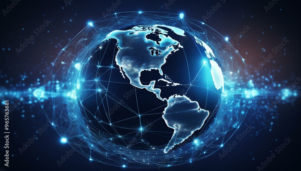 Global network concept with continents linked by lines, ambient blue light, representing a worldwide internet connection Global network concept with continents linked by lines, ambient blue light, representing a worldwide internet connection