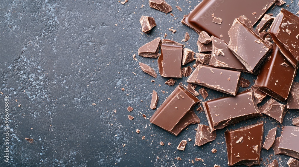 Dark chocolate bars and broken pieces on a textured, dark stone background. Perfect for indulgent recipes and gourmet presentations. Dark chocolate bars and broken pieces on a textured, dark stone background. Perfect for indulgent recipes and gourmet presentations.
