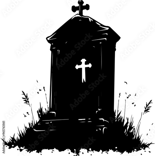 Silhouette of a Grave Marker with Cross and Grass