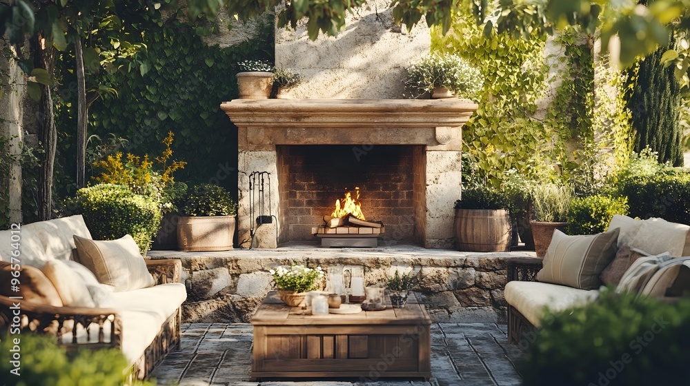 Cozy and inviting terrace with a classic stone fireplace and vintage outdoor decor creating a peaceful and relaxing atmosphere for entertaining or enjoying the great outdoors Cozy and inviting terrace with a classic stone fireplace and vintage outdoor decor creating a peaceful and relaxing atmosphere for entertaining or enjoying the great outdoors