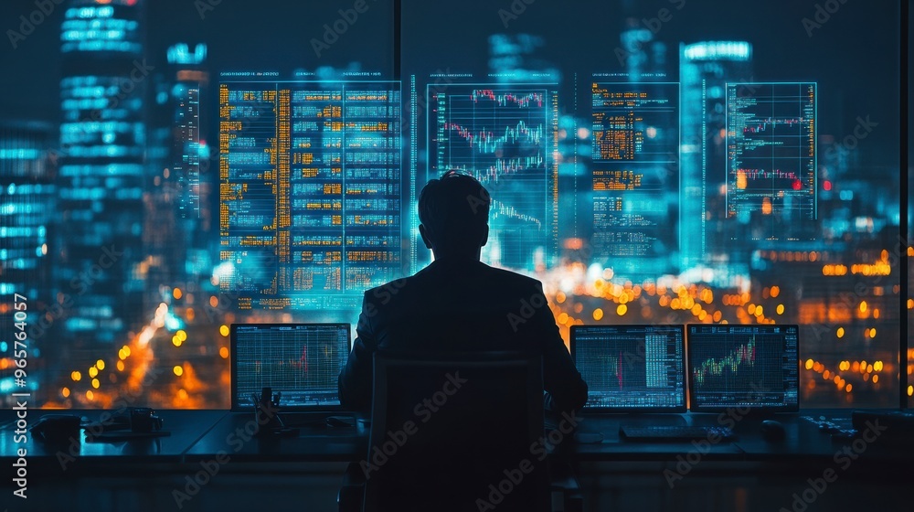 Businessman working with financial data in a dark office Businessman working with financial data in a dark office