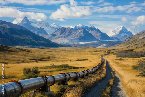 Oil pipeline running through a vast patagonian valley with snow capped mountains in the background photo