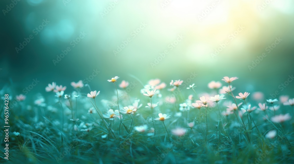 Fototapeta premium White daisies bloom in a grassy meadow, bathed in warm, golden sunlight at sunset, evoking a peaceful, serene atmosphere of nature.