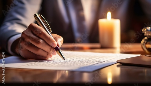 Hand penning success on financial documents, candlelit, macro, focused determination