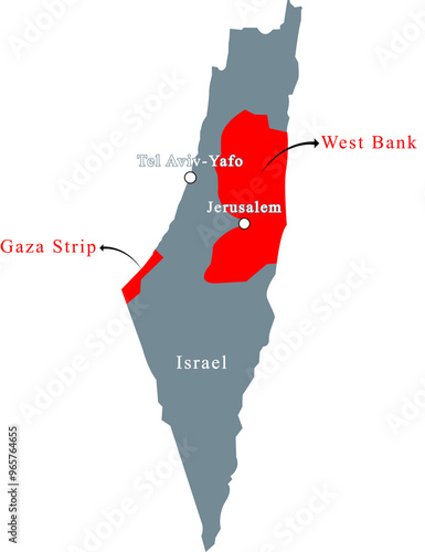 Palestine and Israel's map highlights with Gaza Strip, West Bank, Jerusalem, Tel Aviv-yafo transparent background