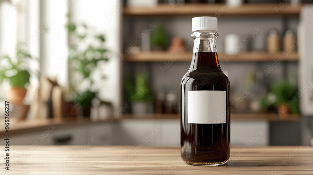 Dark brown sauce bottle placed on a wooden kitchen counter with blurred background Dark brown sauce bottle placed on a wooden kitchen counter with blurred background
