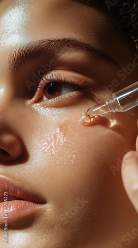 Young person applying a nourishing oil serum on their glowing skin during a beauty routine at home photo