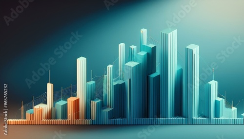 Minimalist isometric bar chart depicting market momentum, cool hues ascending, under diffused light